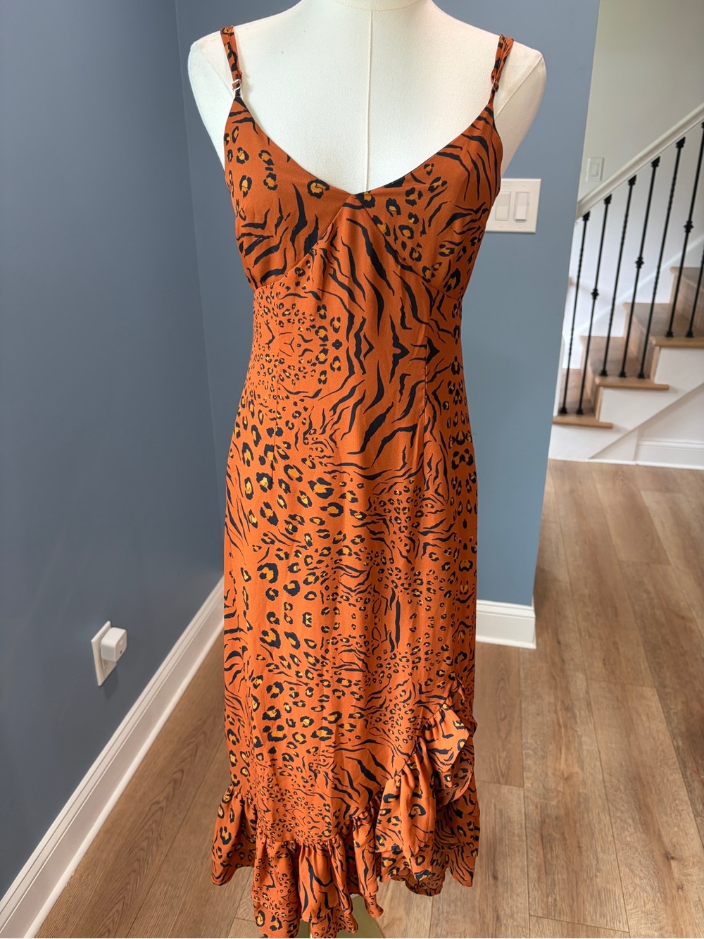 Q&A Animal Print Midi Dress Orange Slip Dress Ruffle Hem Strappy XS